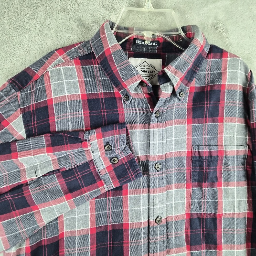 St Johns Bay Brushed Flannel Shirt Men Medium Red Grey Plaid Button Front Cotton